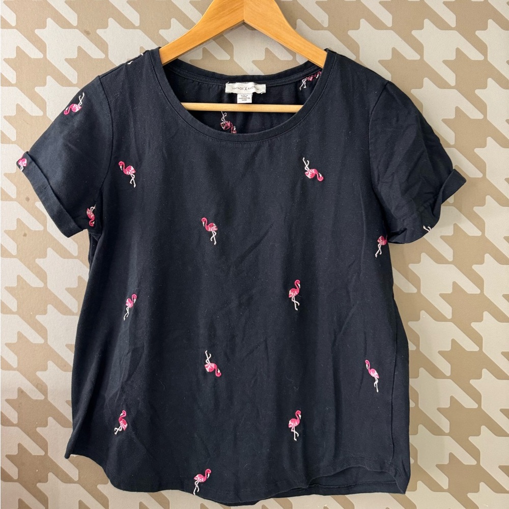 Vintage America Black Top with Pink Flamingo Accents